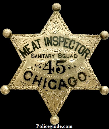 Chicago Meat Inspector, Sanitary Squad badge No.45, made of sterling silver with hard fired black enamel, hand engraved.