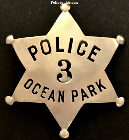 Ocean Park police badge #3 that was worn by J. Walter Mills.