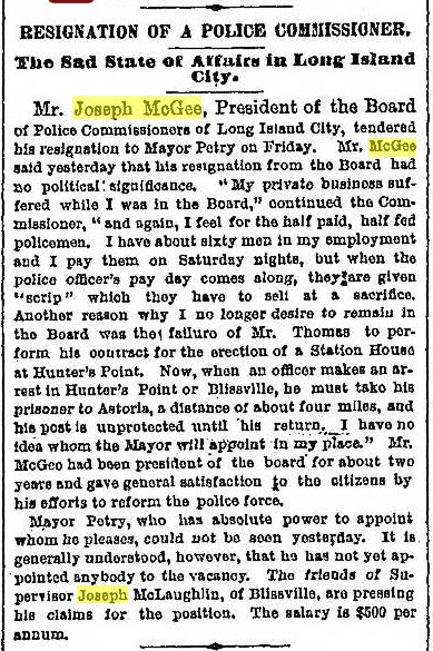 Brooklyn Daily Eagle Nov 9, 1884 pg 1 McGee Resigns