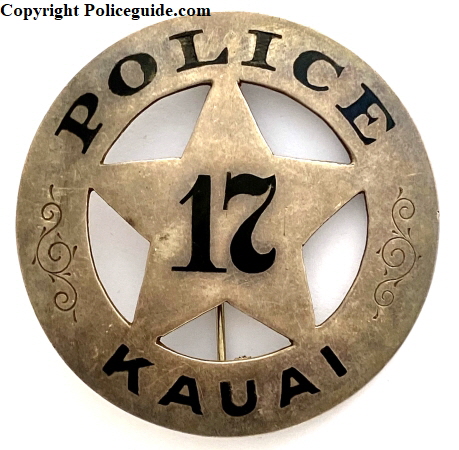 Kauai 17 Police badge, sterling silver.