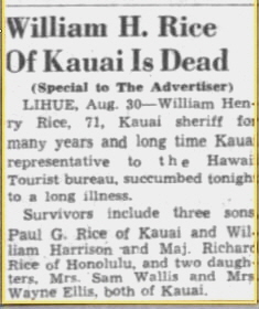 Rice Obit Honolulu Advertiser August 31, 1945