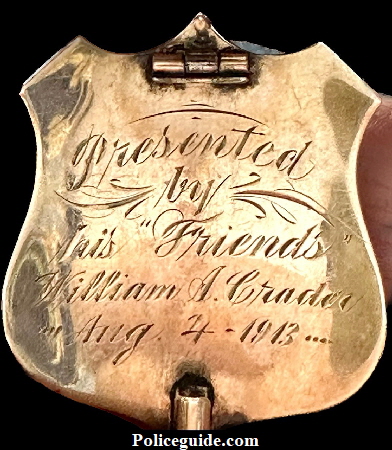 14k gold shield, Sheriff Jefferson Co. presentation badge to William A. Crader Aug. 4, 1913.