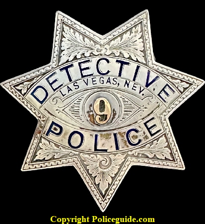City of Las Vegas Police Detective badge #9, sterling silver and made by Irvine & Jachens S. F. and has the International Jewelry Workers Union No. 64 stamp. City of Las Vegas Police Detective badge #9, sterling silver and made by Irvine & Jachens S. F. and has the International Jewelry Workers Union No. 64 stamp.
