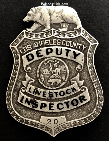 Los Angeles County Deputy Livstock Inspector badge #20.  Circa 1928.