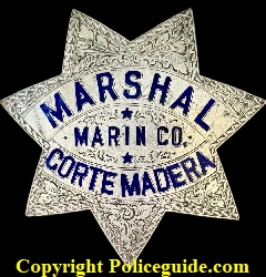 Marshal Corte Madera Marin Co.and worn by William A. Wyatt who also owned a Fruit and Vegetable business in Corte Madera.  The star is made of sterling silver with hard fired blue enameled lettering and nicely hand engraved.  Hallmarked Irvine & Jachens 1027 Market St. and dated 7-14-24.  