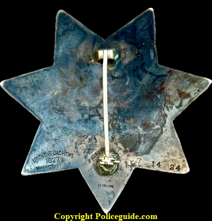 Marshal Corte Madera Marin Co.and worn by William A. Wyatt who also owned a Fruit and Vegetable business in Corte Madera.  The star is made of sterling silver with hard fired blue enameled lettering and nicely hand engraved.  Hallmarked Irvine & Jachens 1027 Market St. and dated 7-14-24.  