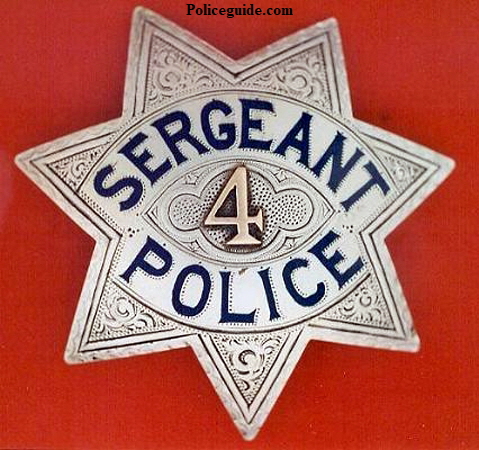 Sacramento Sergeant badge #4 made by Sacramento jeweler J. N. Phillips.  Pictured to the right is Sgt. Max Fisher wearing badge #4.