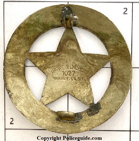 Back of Ukiah Human Society badge #2, made by Irvine & Jachens 1027 Market St. S.F.