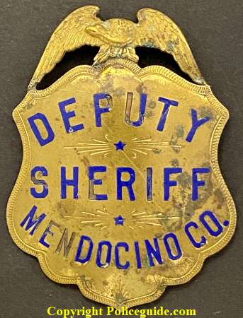 Deputy Sheriff Mendocino Co. shield with hard fired blue enamel, circa 1890.