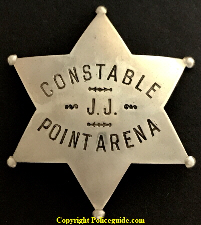 Constable Point Arena Mendocino County.  Personal badge of  James H. Jackway, circa 1926.  Made by Irvine & Jachens 1068 Mission St. S. F.