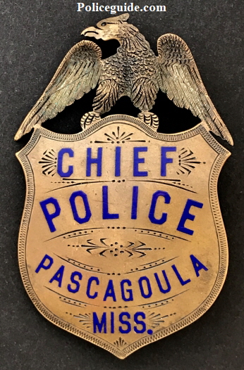Chief of Police badge from Pascagoula Miss. made of copper with hard fired blue enamel.  Circa 1900.