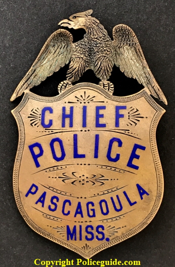 Chief of Police badge from Pascagoula Miss. made of copper with hard fired blue enamel.  Circa 1900.