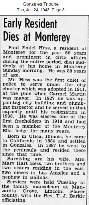 Monterey Chief Gonzales Tribune June 24, 1943 obit