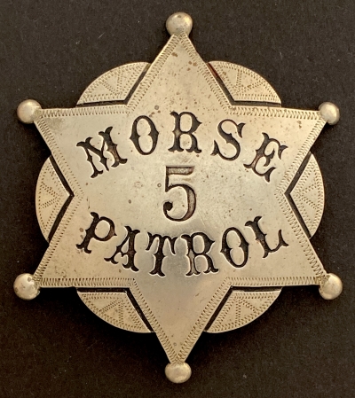 1st issue Morse Patrol badge #5. circa 1886 made by Wirth & Jachens 339 Kearny St. S. F.
