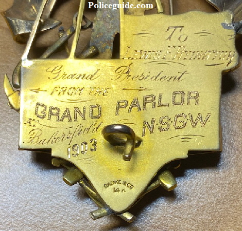 To Lewis F. Byington Grand President / From the Grand Parlor Bakersfield  / 1903 N.S.G.W.   Hallmarked Radke & Co. 14k.