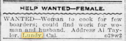 Reno Gazette-Journal November 4, 1908 Help Wanted Lundy, CA