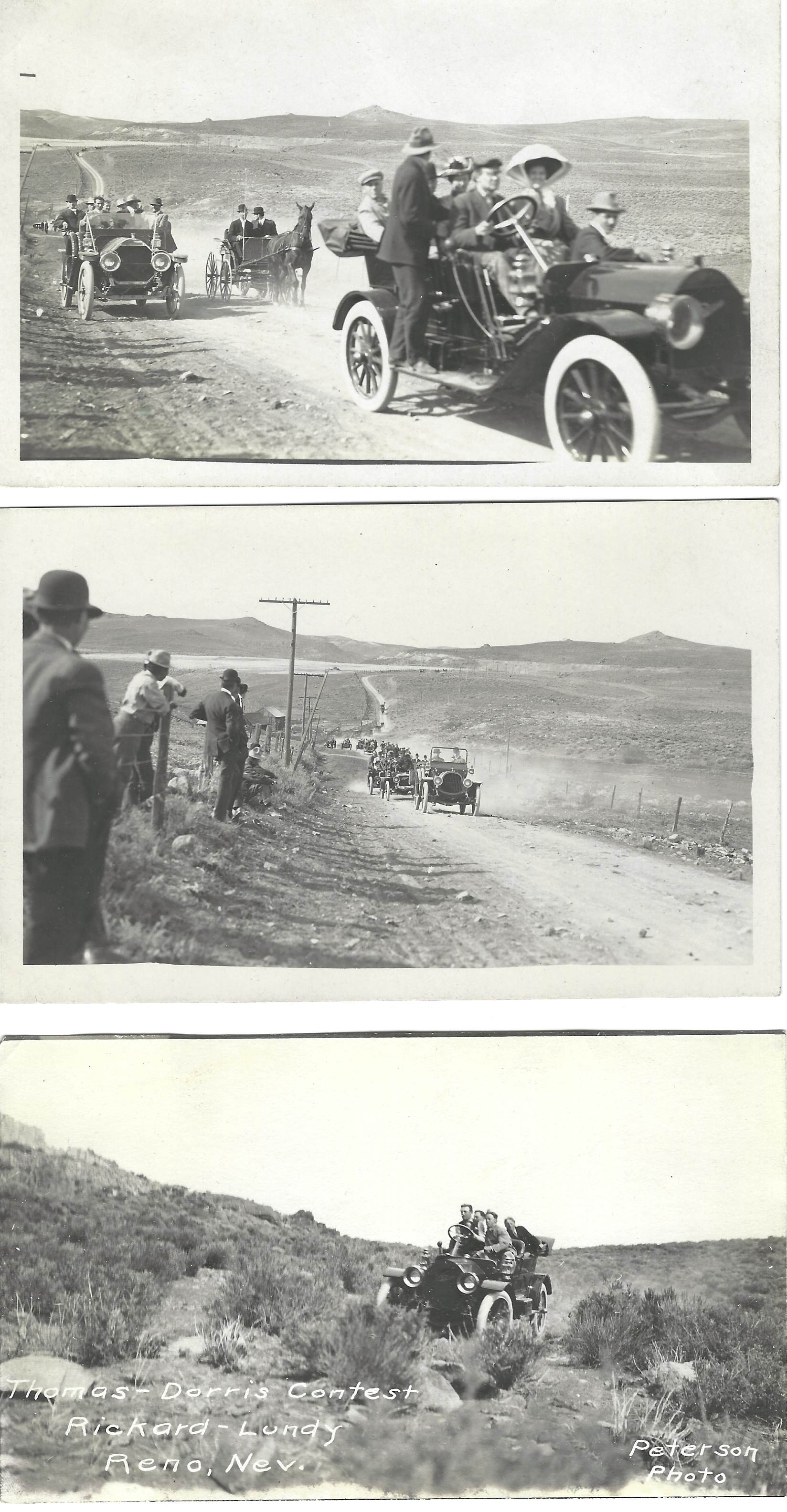 Photos of Bert Lundy and friends racing a Dorris automobile in Northern Nevada.