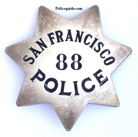 San Francisco Police badge #88, made by Irvine & Jachens.  1027 Market St. S.F. and dated 4-14-14.  Sterling.  This badge number was issued  to John J. O'Donnell.