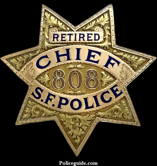 14k gold Retired Chief of Police badge #808, presented to Daniel J. O’Brien from his son.  Made by Irvine & Jachens S. F.