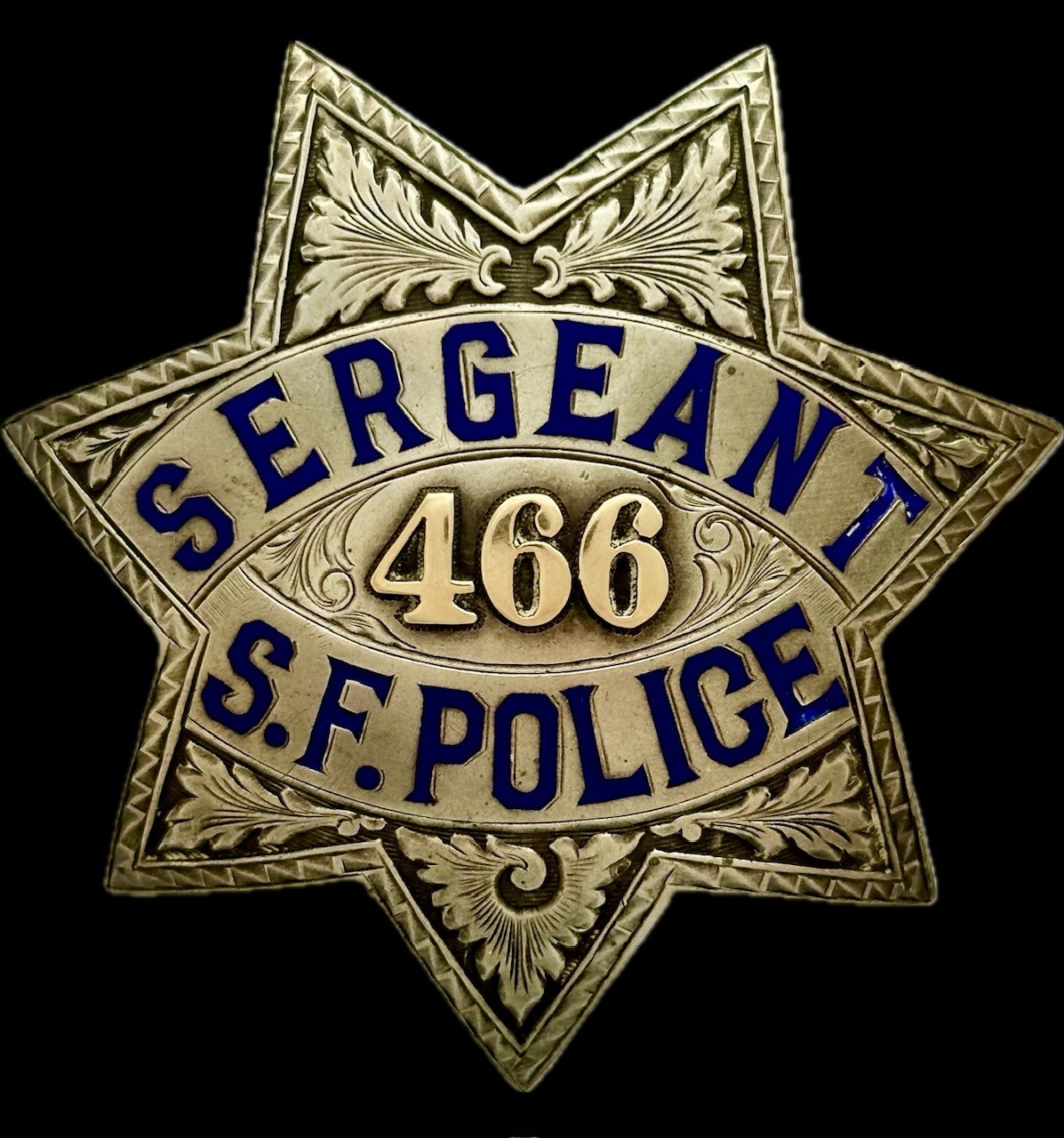 San Francisco Police Sergeant star #466 with presentation on reverse:  Presented to John J. O’Connell By Members of Co. A. 7-1-54.  Made by Irvine & Jachens S. F. and dated 6-30-54.  Jewelry Workers Union 70 stamp.