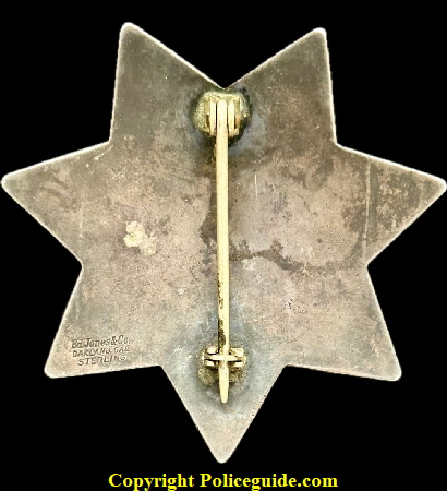 Circa 1920’s this sterling silver hand engraved star is from the Brooklyn Township of Alameda Co.  Made by the Ed Jones Co. Oakland CAL.
