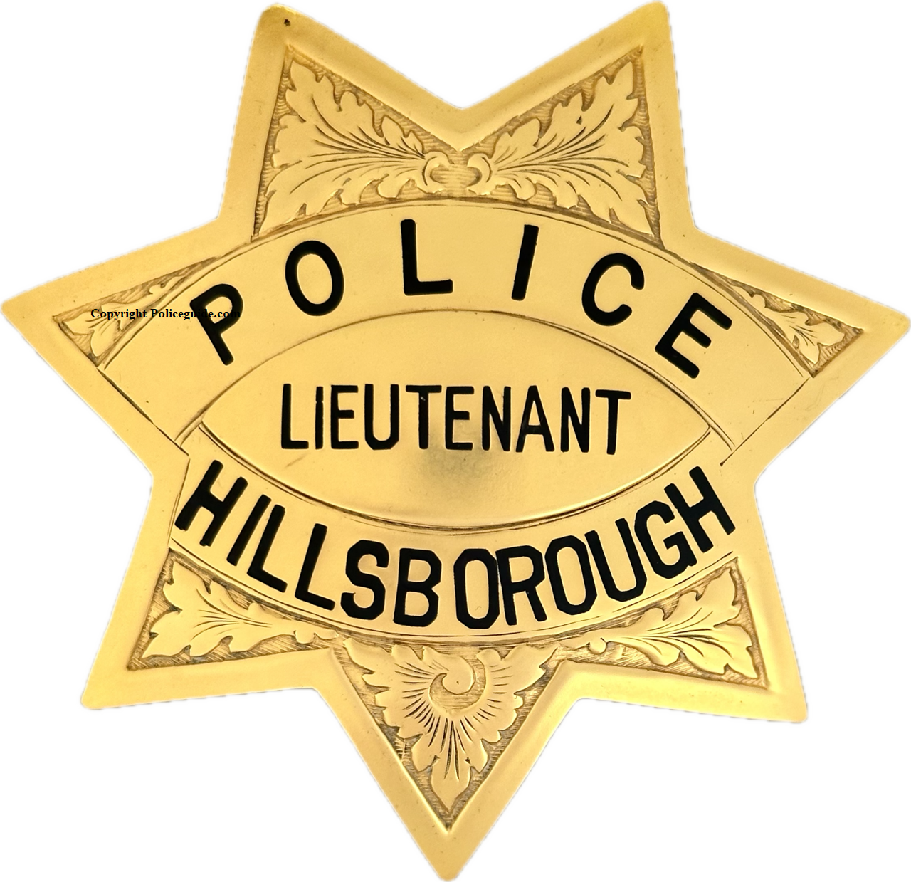 Hillsborough Police Lieutenant badge worn by Herman Voss, circa 1974, made by Irvine & Jachens.