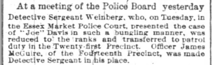 New York Times October 28, 1882 - Sergeant-Weinberg demotion James McGuire promotion article