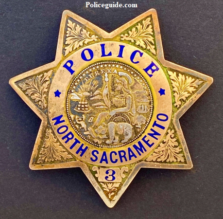 North Sacramento Police badge #3.  Hallmarked Ed Jones & Co. Oakland, CAL Gold Front