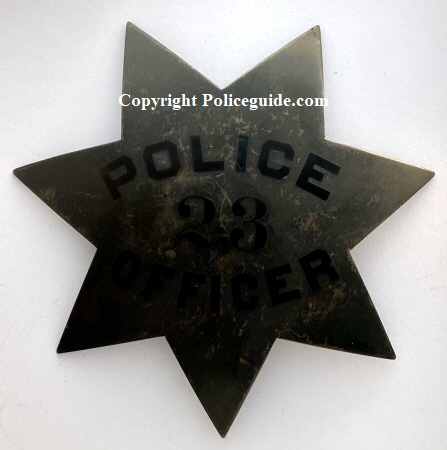 Oakland Pie Plate Police badge #23 last worn by J. J. O’Connell who was appointed 3-21-1912.