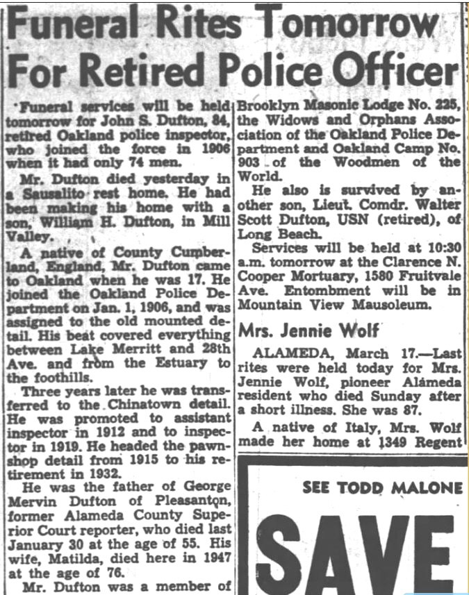 Oakland Tribune March 17, 1954 obit