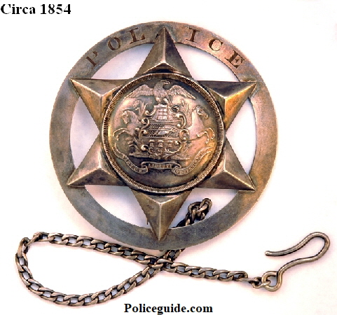 Very Early Allentown, PA Police badge, circa 1854 sterling badge, folded point star with attached outer ring, Pennsylvania state seal in center. 