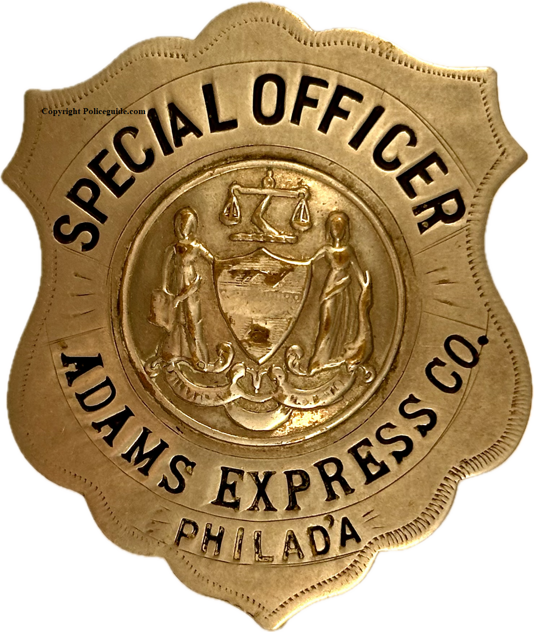 Adams Express Co. Special Officer Philada badge.  Made by Wm Davis & Son Philadelphia.  #35 stamped on the reverse.  