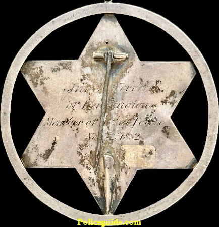 Back of badge showing presentation:  Jno. P. Verree of Kensington Member of Bd. of Police Nov. 12, 1852