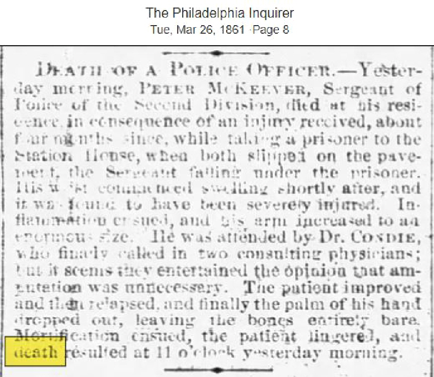 Philadelphia Inquirer March 26, 1861 Injury causes Death