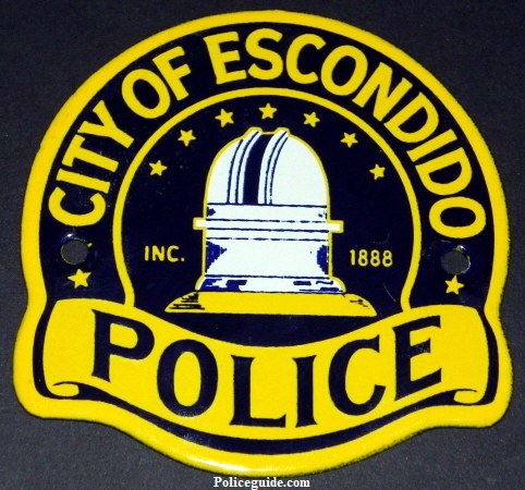 Escondido Police Porcelain sign.  4" wide and 4" tall.