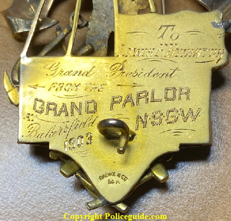 To Lewis F. Byington Grand President / From the Grand Parlor Bakersfield  / 1903 N.S.G.W.   Hallmarked Radke & Co. 14k.