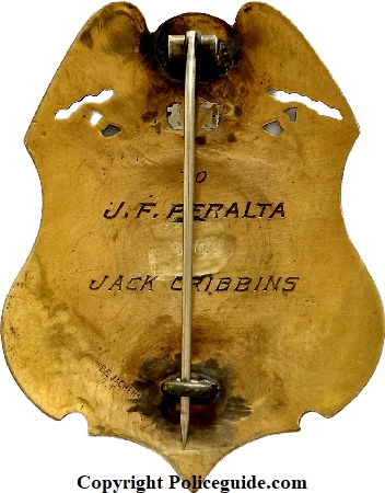 San Leandro Police Chief Peralta Badge back showing presentation.  Made by Irvine & Jachens S. F.