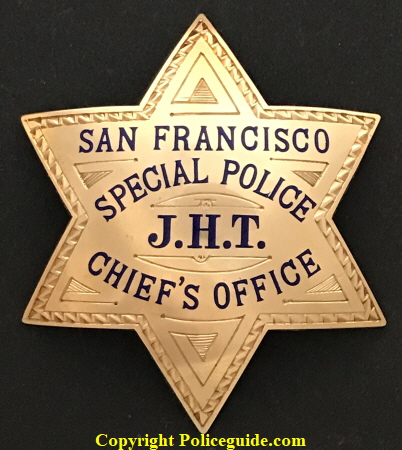 San Francisco Special Police J.H.T. Chief’s Office Presented to John H. Threlkeld by Angelo F. Rossi Mayor of San Francisco 12-10-35.  Made of 14k gold by Irvine & Jachens S.F.