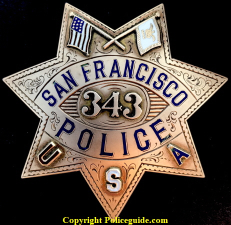 14k gold San Francisco Police presentation badge #343: Presented to Franklin K. Lane / By Fellow Members of Co. A. S.F.P.D. / July 1, 1919. 