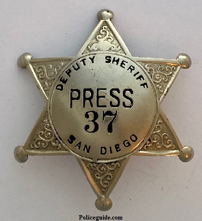 San Diego County Deputy Sheriff Press badge #37.  Made by Cal Stamp Co.