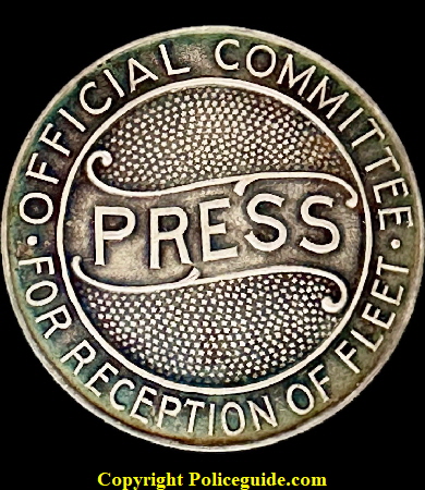 Press Official Committee for Reception of Fleet badge, hallmarked Shreve Co. Press Official Committee for Reception of Fleet badge, hallmarked Shreve Co.