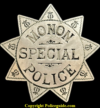 Monon Special Police star with 9 points.  The Chicago Indianapolis and Louisville Railway (Monon),  opeerated from 1897 to 1971 almost entirely within the state of Indiana. The Monon was merged into the Louisville and Nashville Railroad in 1971.