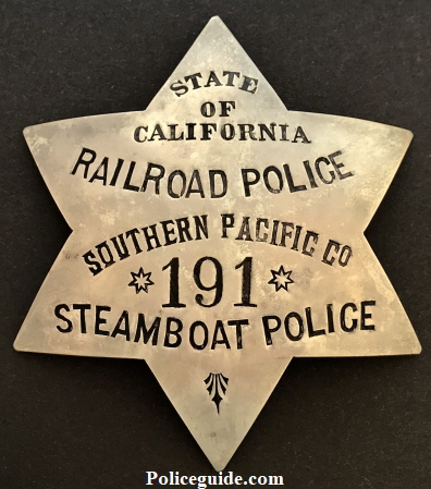 1st issue State of California Railroad Police Southern Pacific Co. Steamboat Police 191.  Circa 1906.