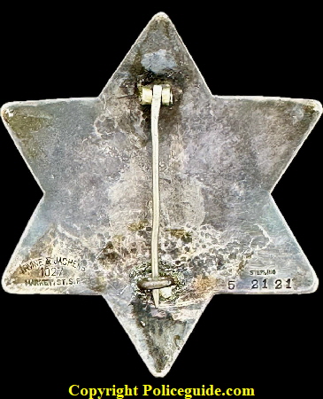 Southern Pacific Co. Railroad Police Nevada star No. 836.  Made by Irvine & Jachens 1027 Market St. S.F. and dated 5-21-21, sterling silver with hard fired blue enamel.