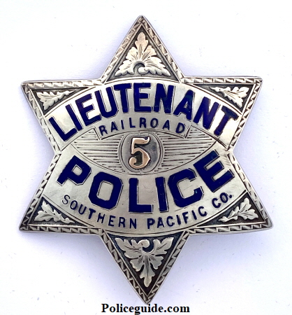 Lieutenant Railroad Police badge #5 Southern Pacific Co.  Sterling silver, hand engraved with an applied 14k gold #5.  Made by Irvine & Jachens 1068 Mission St. S. F. and dated 5-28-28.