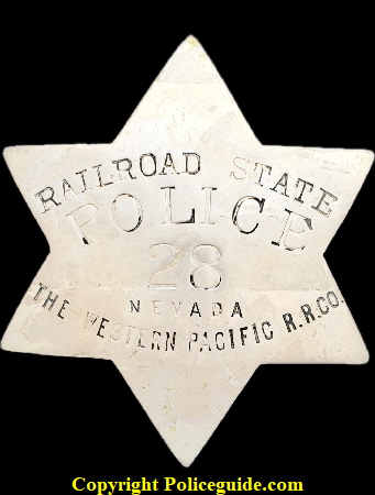 Railroad State Police 28 NEVADA The Western Pacific R.R. Co. Made by Salt Lake Stamp. Railroad State Police 28 NEVADA The Western Pacific R.R. Co. Made by Salt Lake Stamp.