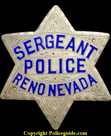 Reno Police Dept. Sergeant badge, made of sterling silver with hard fired blue enamel. Reno Police Dept. Sergeant badge, made of sterling silver with hard fired blue enamel.