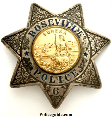 Roseville Police badge #6, sterling silver,  made by L.A. Stamp & Stationary May 1942.