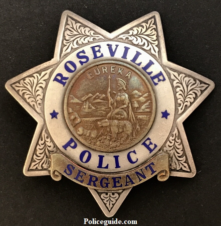 Roseville Police Sergeant badge, sterling silver, made by L.A. Stamp & Stationary. 
