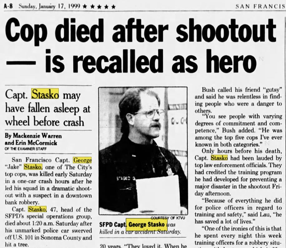 Obit Stasko II San Francisco Examiner January 17, 1999